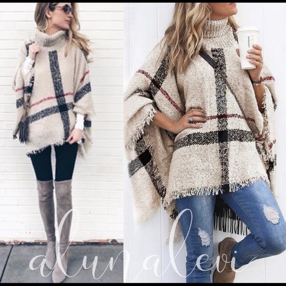 Private Label Sweaters - ‼️1 LEFT‼️ Cream Plaid Poncho